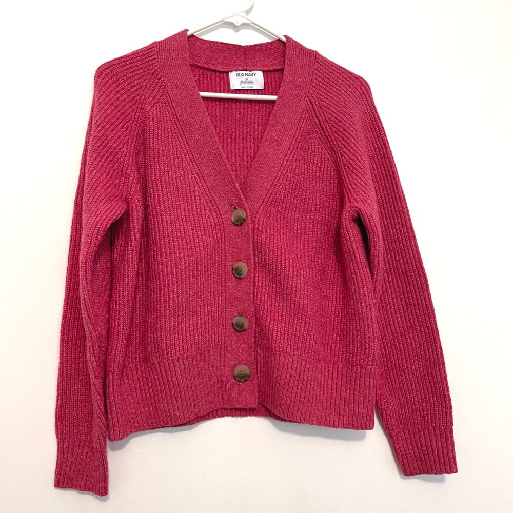 OLD NAVY Shaker Stitch Cardigan Sweater Magenta / Berry Pink Chunky Knit Relaxed - Picture 2 of 15